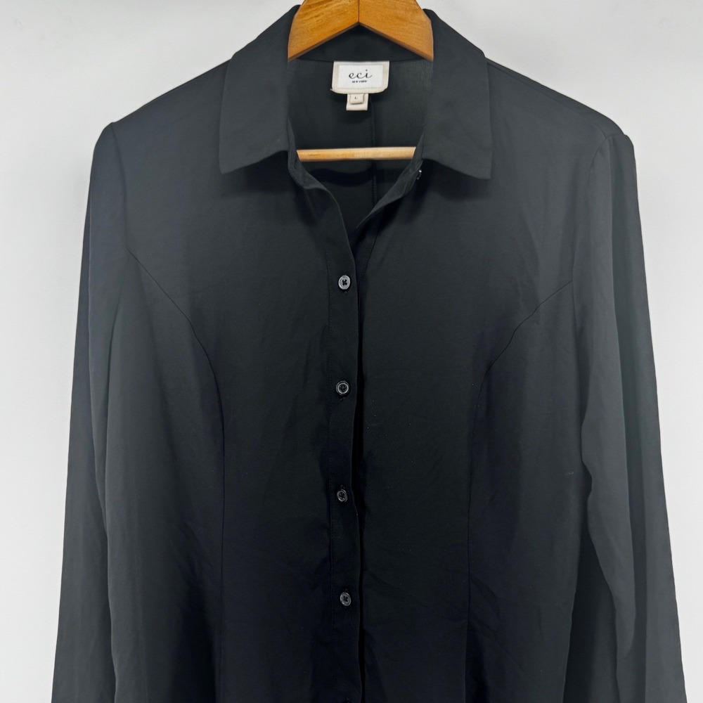 ECI New York Womens L Black‎ Long Sleeve Button Down Blouse Tunic Chiffon Top